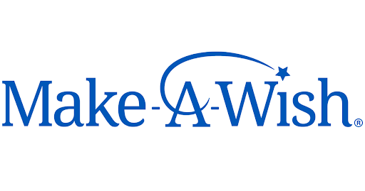 a blue and white logo with the words make a wish